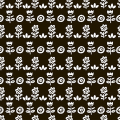 Fototapeta na wymiar Hand drawn cute vector pattern. Simple doodle floral elements. Scandinavian style. Black and white.