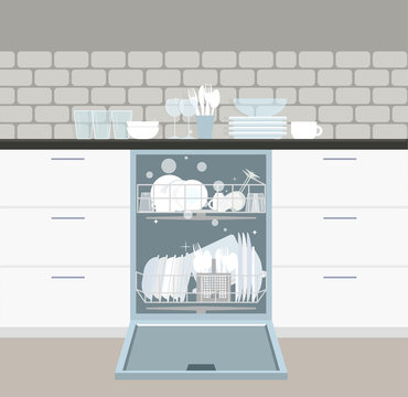 Built-in dishwasher with open door and clean dishes. Vector illustration.