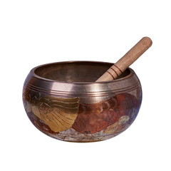 Singing bowl (also known as the Himalayan bowl, Tibetan bowl), which is made of various brass alloys. Isolated on a white background