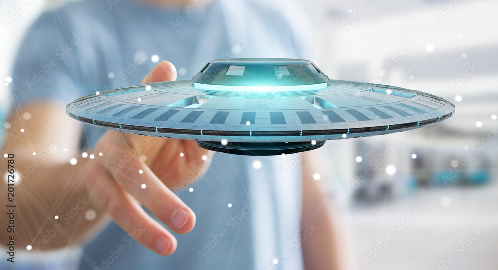 Poster businessman with retro ufo spaceship 3d rendering