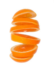 Naklejka na ściany i meble Creative concept with flying orange. Sliced orange isolated on white background. Levitating fruit