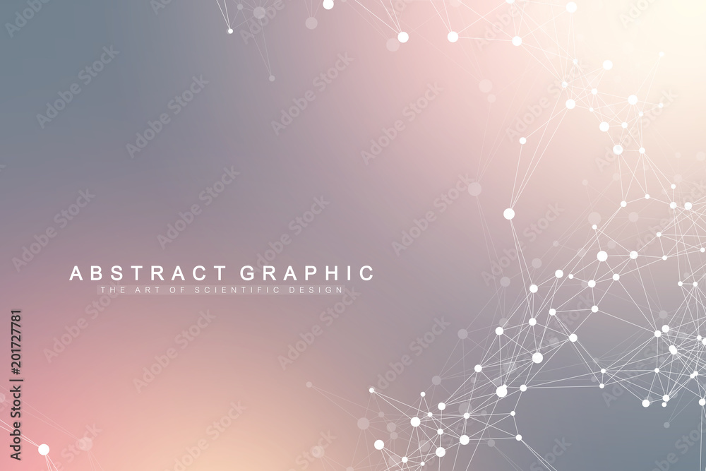Aufkleber Geometric graphic background artificial intelligence. Turbulence flow trail. Futuristic science and technology background. Big data visualization complex with compounds. Cybernetics illustration