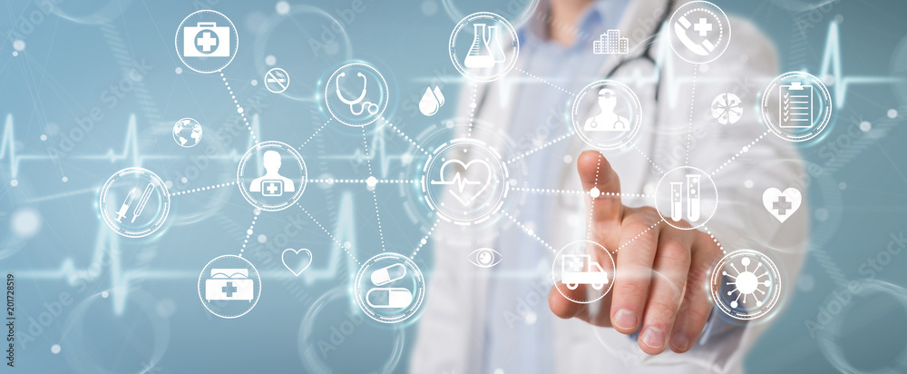 Aufkleber doctor using digital medical futuristic interface 3d rendering