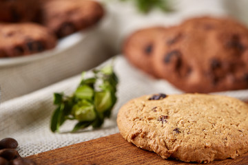 Side view of chocolate chip cookies on a wooden plate over rustic background, selective focus
