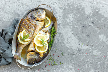 Baked fish dorado. Sea bream or dorada fish grilled