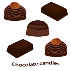 Chocolate bar and chocolate candies isolated on white background. Vector illustration.