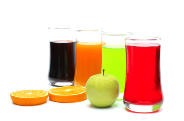 orange , apple , grape and strawberry juice in glass , ripe orange and ripe green apple  on white background