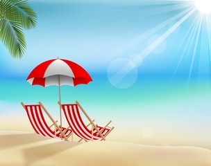 Fototapeta na wymiar Summer beach holiday background with beach umbrella and chair
