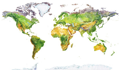 Fototapety  Akwarela mapa geograficzna świata. Fizyczna mapa świata. Realistyczny obraz. Na białym tle