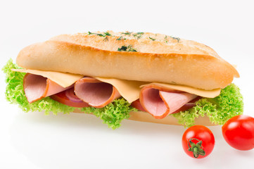 Sandwich with ham and vegetables isolated on white background