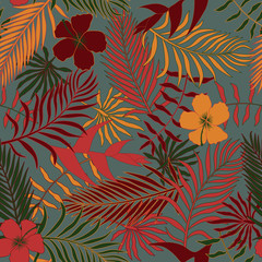 Tropical background with palm leaves and flowers. Seamless floral pattern. Summer vector illustration