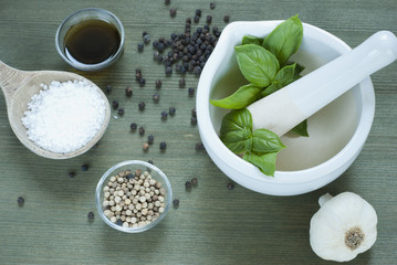 Basil leaves in mortar