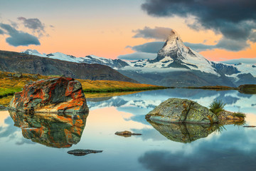 Wonderful sunrise with Matterhorn peak and Stellisee lake, Valais, Switzerland