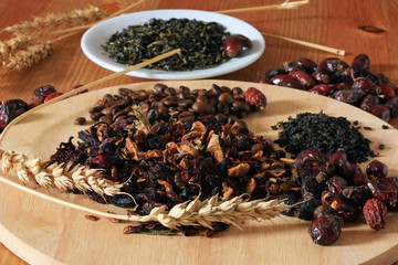 Coffee beans and herbal tea