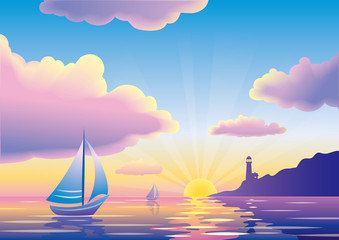Vector sunset or sunrise seascape with sailboat and lighthouse