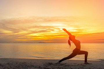 Healthy Good.  Meditation yoga lifestyle woman silhouette on the Sea sunset, relax vital. Healthy Concept