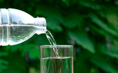 hand holding water glass and bottle in nature background.