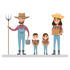 happy farmer family cartoon character in organic rural farm