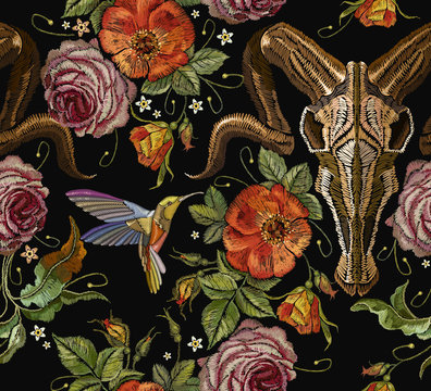 Embroidery bull skull, hummingbird and roses seamless pattern. Dia de muertos, day of the dead. Gothic romanntic embroidery buffalo skulls red roses and peonies tribal pattern, clothes art
