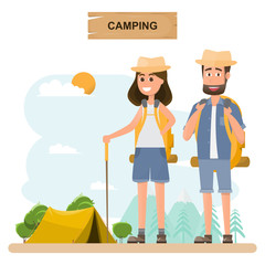 people travel. couple with backpack go to camping on a vacation