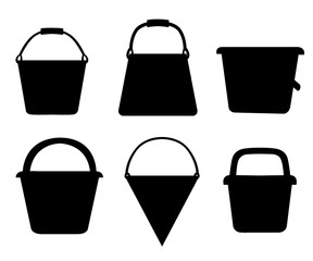 Black silhouette. Set of buckets. A variety of bucket. Colored containers for water or sand. Cartoon style design. Vector illustration isolated on white background. Web site page and mobile app