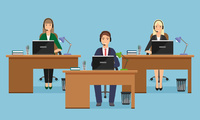 Web banner of call center with three woman employee on working places in office. Working situation with female staff.