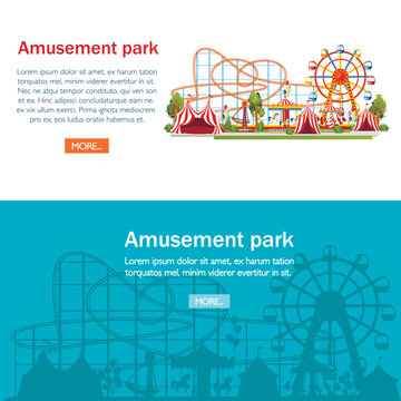 Amusement park. Cartoon style design. Roller coaster, carousel, pirate ship and red tents. Vector illustration on white background. Entertainment concept. Web site page and mobile app design