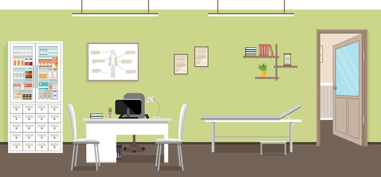 Empty medical office interior design. Doctor's consultation room in clinic. Hospital working in healthcare concept.