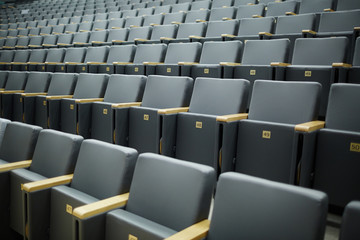 Obraz premium Several rows of numbered armchairs in auditorium or conference hall of contemporary institution