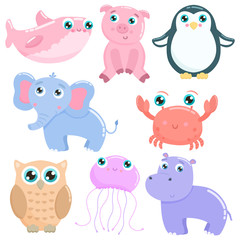 Cute animals vector set. Flat design.