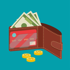 Open wallet with card, cash and coins. Vector flat style illustration