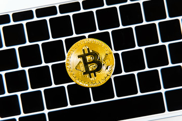 Gold bit coin with top view flat lay and isolated on white background.