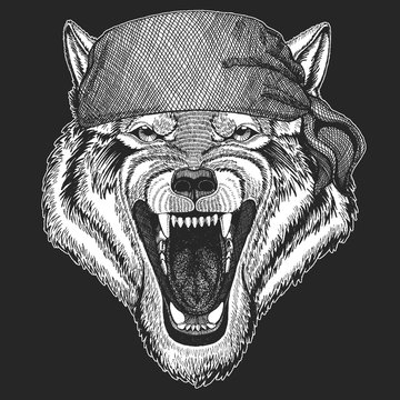 Wolf Dog Wild animal Cool pirate, seaman, seawolf, sailor, biker animal for tattoo, t-shirt, emblem, badge, logo, patch. Image with motorcycle bandana
