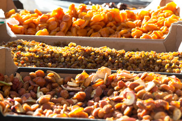 In a box of raisins and dried fruits, dried apricots