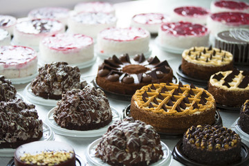 Many cakes on the table. Industrial Cake Line