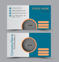 Business card set template for business identity corporate style. Vector illustration. Blue and orange color.