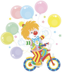 Circus show of a funny ginger clown riding his bicycle with colorful balloons, vector illustration in a cartoon style