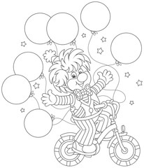 Circus show of a funny clown riding his bicycle with balloons, black and white vector illustration in a cartoon style for a coloring book