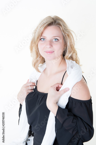 Pretty Woman Fashion Model With Blowing Curly Hair A Cute Blonde