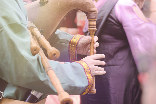 Bagpipe instrument in a traditional Medieval festival.