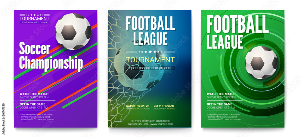 Wall mural Set of tournament posters of football or soccer league. Design of banners for sport events. Template of advertising for world championship of soccer or football, 3D illustration.