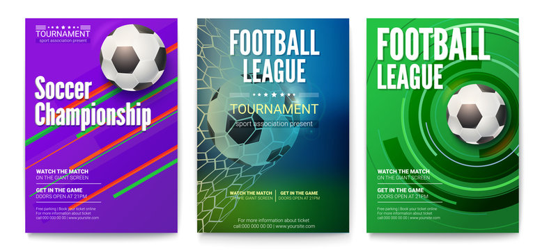 Set of tournament posters of football or soccer league. Design of banners for sport events. Template of advertising for world championship of soccer or football, 3D illustration.