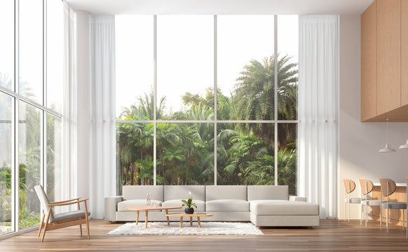 Modern contemporary high ceiling living room 3d render.The Rooms have wooden floors,white and wood wall.furnished with white fabric furniture.There are large window. Overlooks to palm garden.