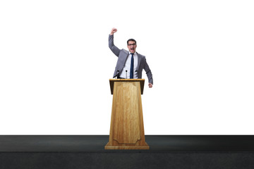 Man businessman making speech at rostrum in business concept