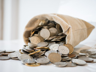 Thai Baht coin in small sack