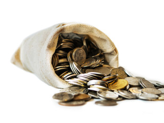 Thai Baht coin in small sack isolate on white background