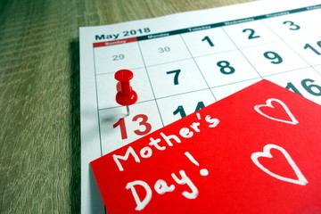13 May 2018 marked on calendar as Mother`s Day