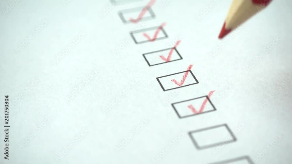 Poster a person checking off a to do list with red pencil. check all the boxes of a checklist, close-up, 4k