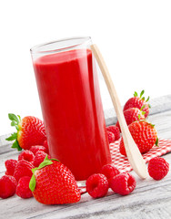 Red smoothie, strawberries and raspberries
