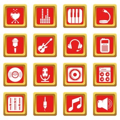 Recording studio symbols icons set vector red square isolated on white background 